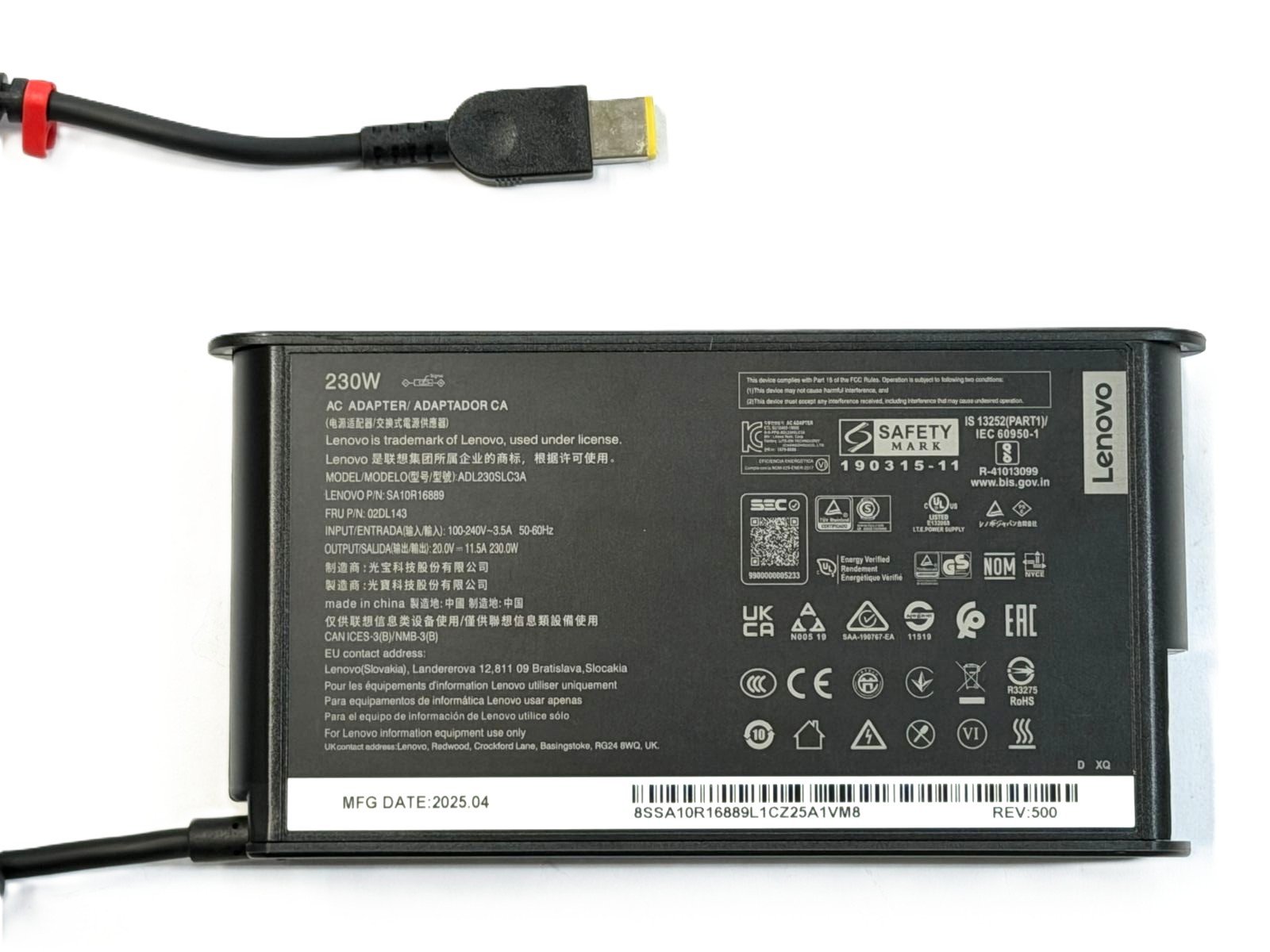 CARGADOR LENOVO 20V 11.5A 230W (PLUG AMARILLO RECTANGULAR CON PIN CENTRAL)